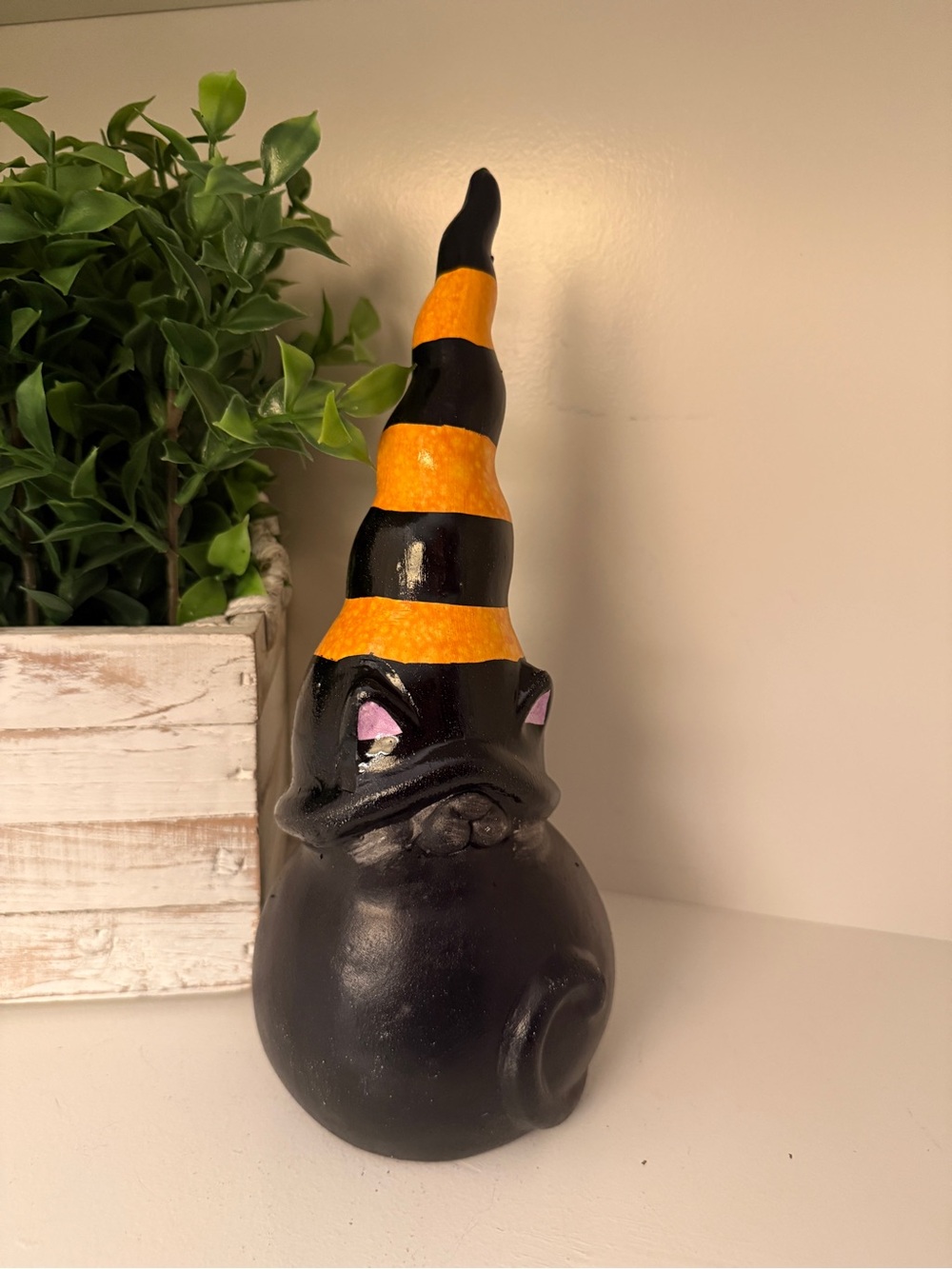 Halloween Black Cat Witch Figurine Orange Black Striped Hat Folk Art 10”